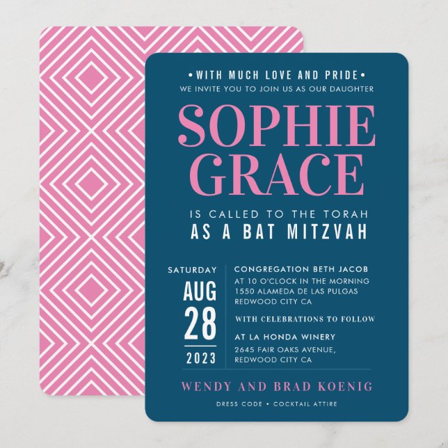 Invitation BAT MITZVAH moderne empilement géométrique rose bl (Devant / Derrière)
