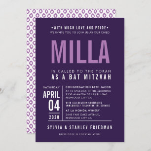Invitation BAT MITZVAH moderne en gros caractères lavande vio