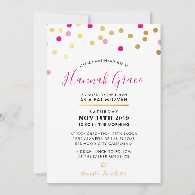 Invitation BAT MITZVAH moderne et amusant confetti taches or  (Devant)