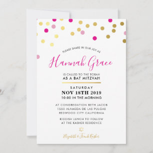 Invitation BAT MITZVAH moderne et amusant confetti taches or 