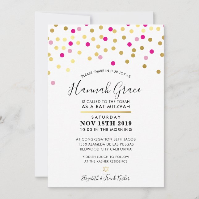 Invitation BAT MITZVAH moderne et amusant confetti taches or  (Devant)