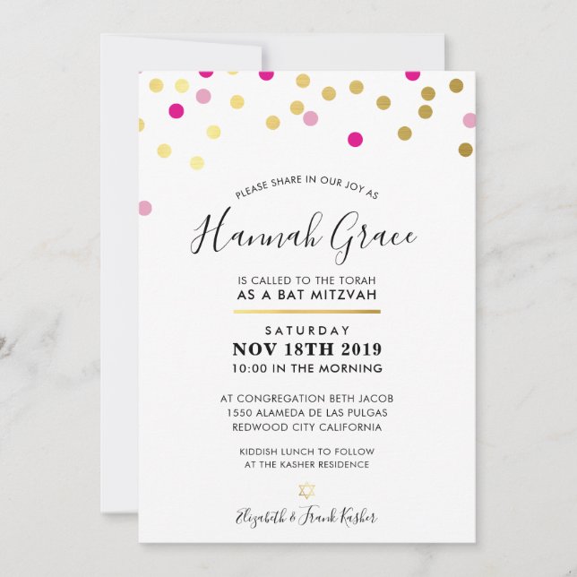 Invitation BAT MITZVAH moderne et amusant confetti taches or  (Devant)