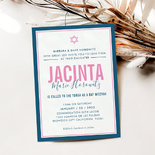 Invitation BAT MITZVAH moderne étoile fille bleu rose simple