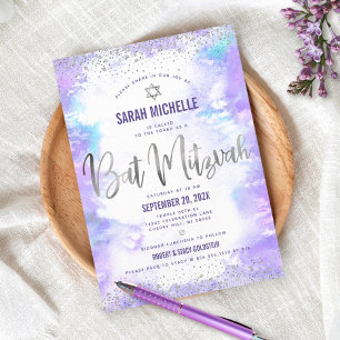 Invitation Bat mitzvah moderne feuille argent violet aquarell