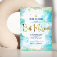 Bat mitzvah moderne feuille or turquoise aquarelle