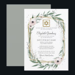 Invitation Bat mitzvah moderne géométrique étoile florale de<br><div class="desc">Le design est composé d'une délicate aquarelle fleurie botaniques et feuillage vert feuille de verdure sur un arrière - plan blanc simple. Une simple étoile de david orne le cadre géométrique. Disponible ici : http://www.zazzle.com/store/selectpartysupplies</div>