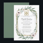 Invitation Bat mitzvah moderne géométrique étoile florale de<br><div class="desc">Le design est composé d'une délicate aquarelle fleurie botaniques et feuillage vert feuille de verdure sur un arrière - plan blanc simple. Une simple étoile de david orne le cadre géométrique. Disponible ici : http://www.zazzle.com/store/selectpartysupplies</div>
