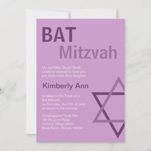 Invitation Bat mitzvah moderne Invitiation- pourpre et rose (Devant)