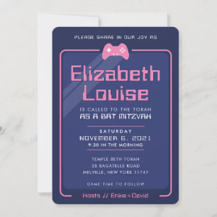 Invitation BAT MITZVAH moderne jeux contrôle marine bleu rose