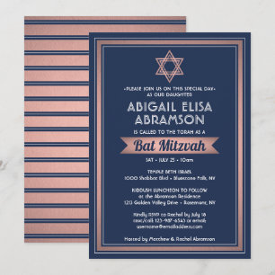 Invitation Bat mitzvah Moderne Marine Bleu rose Rose Or tenda