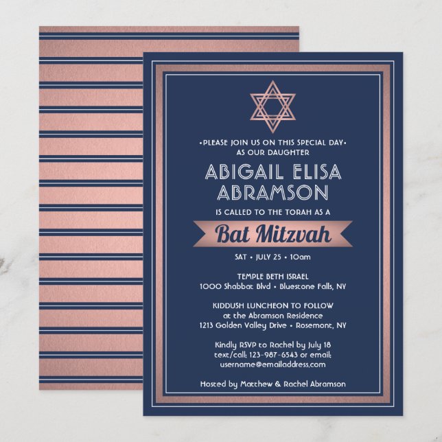 Invitation Bat mitzvah Moderne Marine Bleu rose Rose Or tenda (Devant / Derrière)