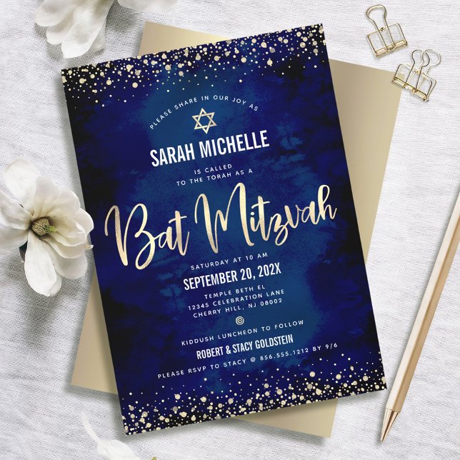 Invitation Bat Mitzvah Moderne Marine Doré Paillettes Feuille (Créateur téléchargé)