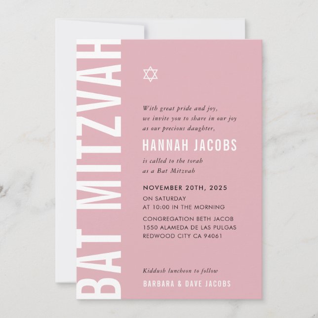Invitation BAT MITZVAH moderne minimaliste audace fille dusky (Devant)
