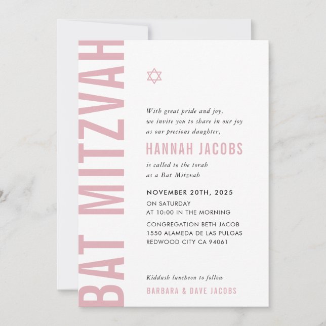 Invitation BAT MITZVAH moderne minimaliste audace fille dusky (Devant)