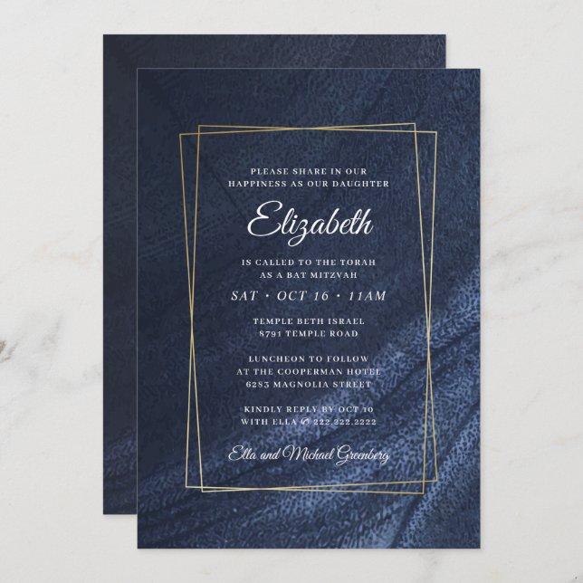 Invitation Bat mitzvah Moderne Monogram Gold Frame (Devant / Derrière)