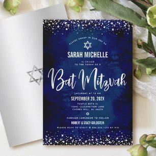 Invitation Bat Mitzvah Moderne Navy Argent Pailleté Feuille D