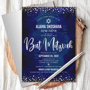 Invitation Bat Mitzvah Moderne Navy Argent Paillettes Écritur