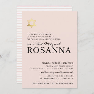 Invitation Bat mitzvah moderne OR STAR rose pâle minimal