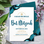 Invitation Bat Mitzvah Moderne Simple Agate Turquoise Script<br><div class="desc">Soyez fiers, réjouissez-vous et mettez en valeur ce jalon de votre Bat Mitzvah préférée ! Envoyez cette invitation personnalisée, moderne et unique pour un événement inoubliable. Une typographie de couleur bleu sarcelle foncé et une étoile de David en faux or sur un fond blanc simple et propre, avec une agate...</div>