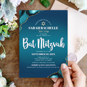 Invitation Bat mitzvah Moderne Turquoise Ombre Agate Script
