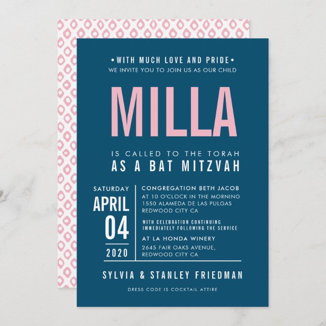 Invitation BAT MITZVAH moderne type bloc marine bleu rose (Devant / Derrière)