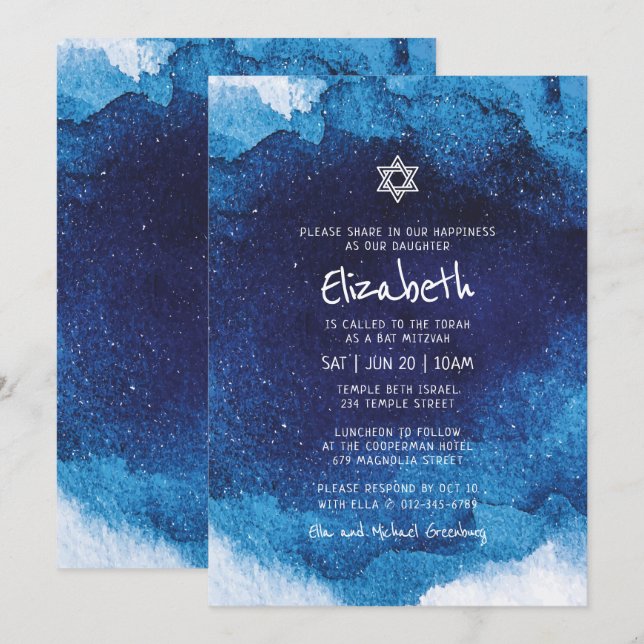 Invitation Bat mitzvah Moderne Typographie Bleu Aquarelle (Devant / Derrière)