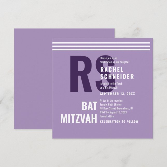 Invitation Bat Mitzvah Monogramme Moderne (Devant / Derrière)