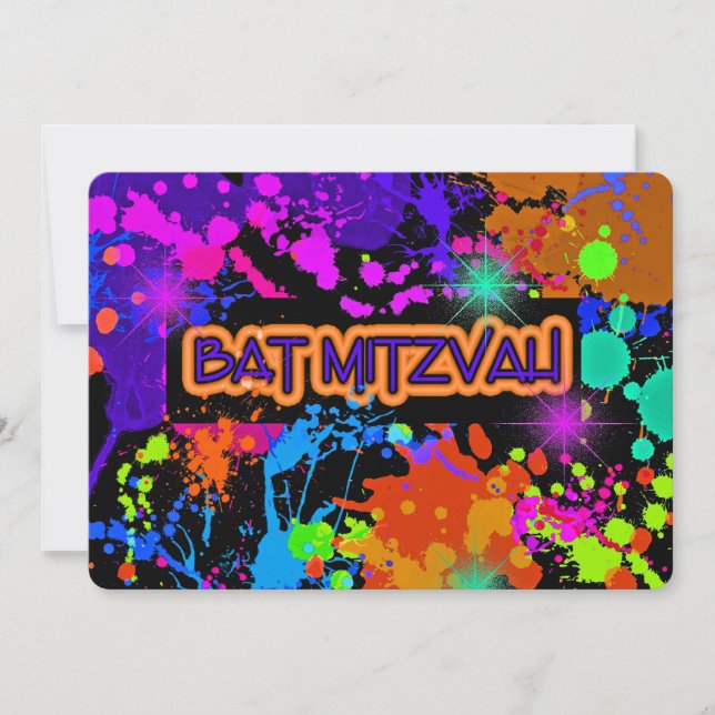 Invitation bat mitzvah, Neon Paint Splatter (Devant)