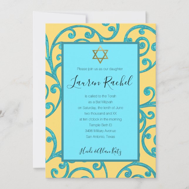 Invitation Bat mitzvah N'Importe Quelle Couleur Aqua Scroll D (Devant)