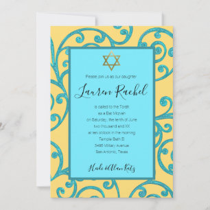Invitation Bat mitzvah N'Importe Quelle Couleur Aqua Scroll D