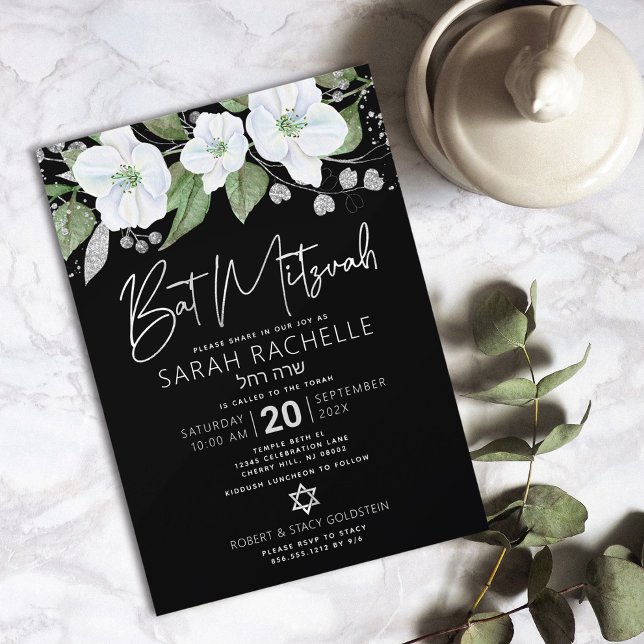 Invitation Bat Mitzvah Noir Argent Écriture Florale Aquarelle (Créateur téléchargé)