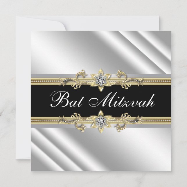 Invitation Bat mitzvah noir et or argenté (Devant)