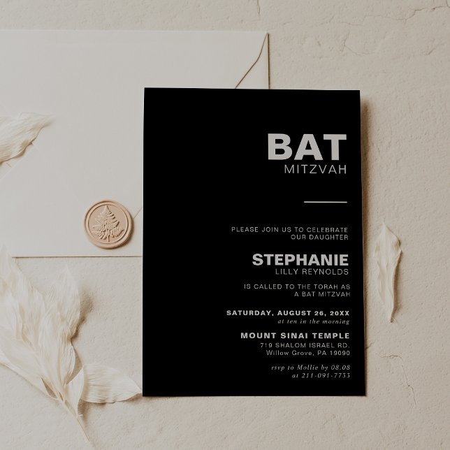 Invitation Bat mitzvah noir minimaliste élégant (Créateur téléchargé)