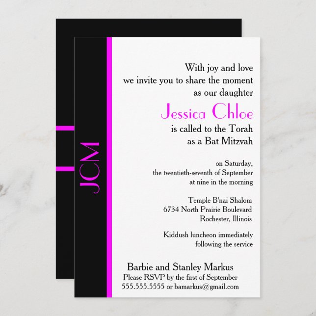 Invitation Bat mitzvah noir rose monogramme (Devant / Derrière)