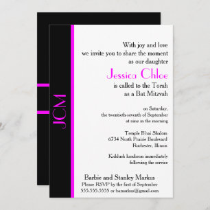 Invitation Bat mitzvah noir rose monogramme