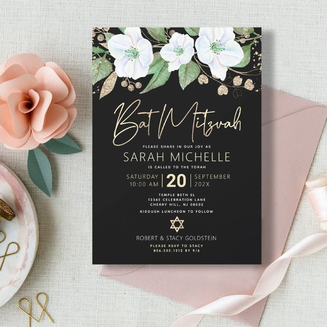 Invitation Bat Mitzvah Or Noir Floral Aquarelle Script (Créateur téléchargé)
