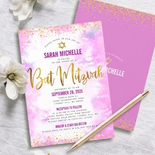Invitation Bat Mitzvah Or Pailleté Aquarelle Rose 2 Lieu