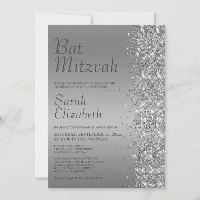 Invitation Bat mitzvah Parties scintillant argent (Devant)
