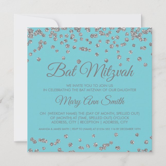 Invitation Bat mitzvah Parties scintillant Argent Confetti Ro (Devant)