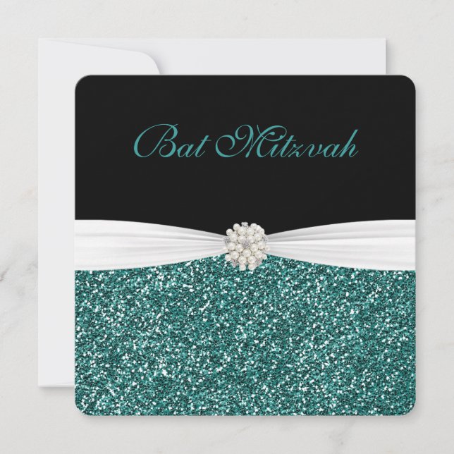 Invitation Bat mitzvah, Parties scintillant Turquoise, Invita (Devant)