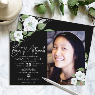 Invitation Bat mitzvah photo Aquarelle florale d'argent noir