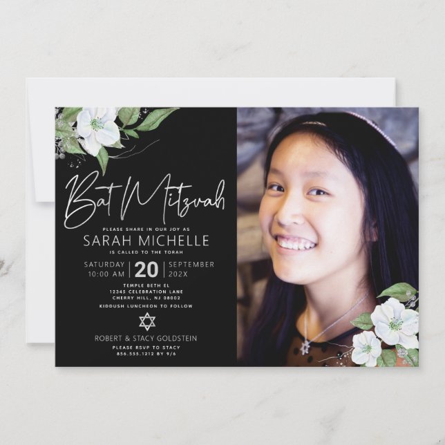 Invitation Bat mitzvah photo noir Argent Floral Aquarelle (Devant)