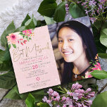 Invitation Bat mitzvah photo Pink Floral Aquarelle Script<br><div class="desc">Soyez fier, réjouissez-vous et présentez cette étape de votre Bat mitzvah préféré avec cette invitation photo sophistiquée et personnalisée ! Une aquarelle florale chic, étonnante, rose et pêche avec typographie de scénario de feuille d'or faux rose moderne poussiéreux et gris sans serif type chevauche un rose et confetti doux point...</div>