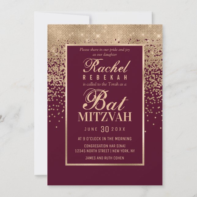 Invitation Bat mitzvah photo Red Rose Gold Parties scintillan (Dos)