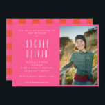 Invitation Bat mitzvah photo Retro Hot Pink Red Checkerboard<br><div class="desc">Invitation du Bat mitzvah photo Retro Hot Pink et Red Checkerboard</div>