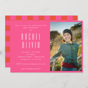 Invitation Bat mitzvah photo Retro Hot Pink Red Checkerboard
