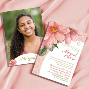 Invitation Bat mitzvah Pink Gold Elegant Floral Photo