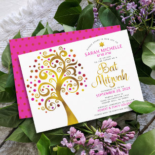 Invitation Bat mitzvah Pink Gold Foil Script Arbre de vie