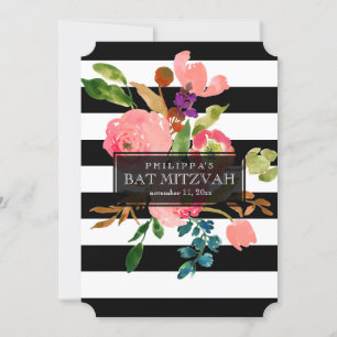 Invitation bat mitzvah PixDezines aquarelle/florale/rayure