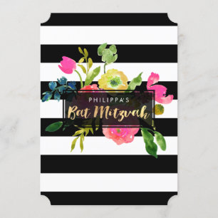 Invitation Bat mitzvah PixDezines aquarelle/florale/rayures